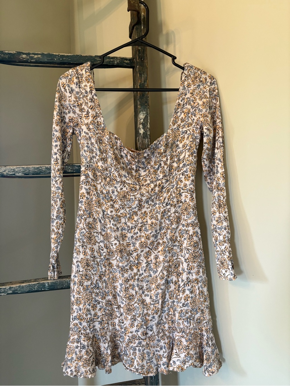 Free People Cream Floral Long Sleeve Scoop Mini Dress